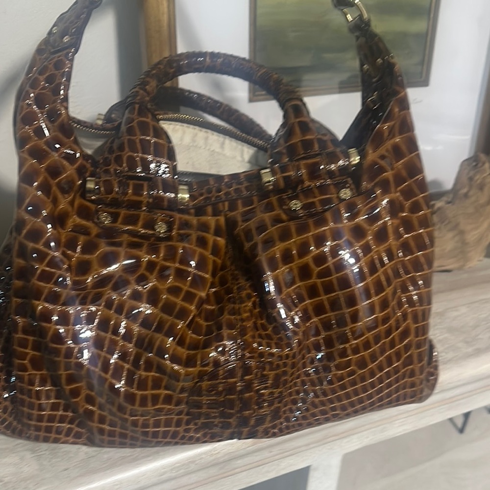 Brown Croc-Embossed Patent Shoulder Bag